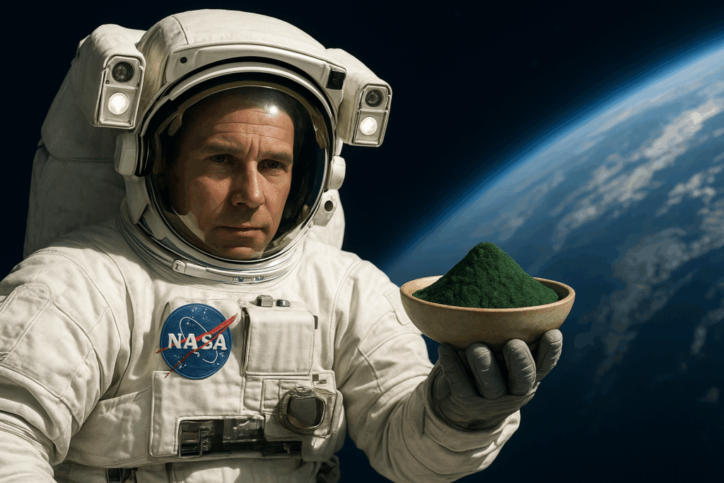 Astronaut holding Spirulina bowl, the healthiest food on planet Earth